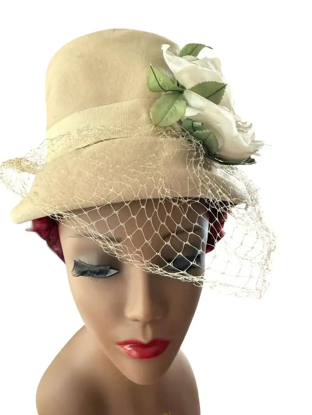Vintage 1940s Beige Felt Brimmed Bucket Hats for Women, Large White Flower, Veil